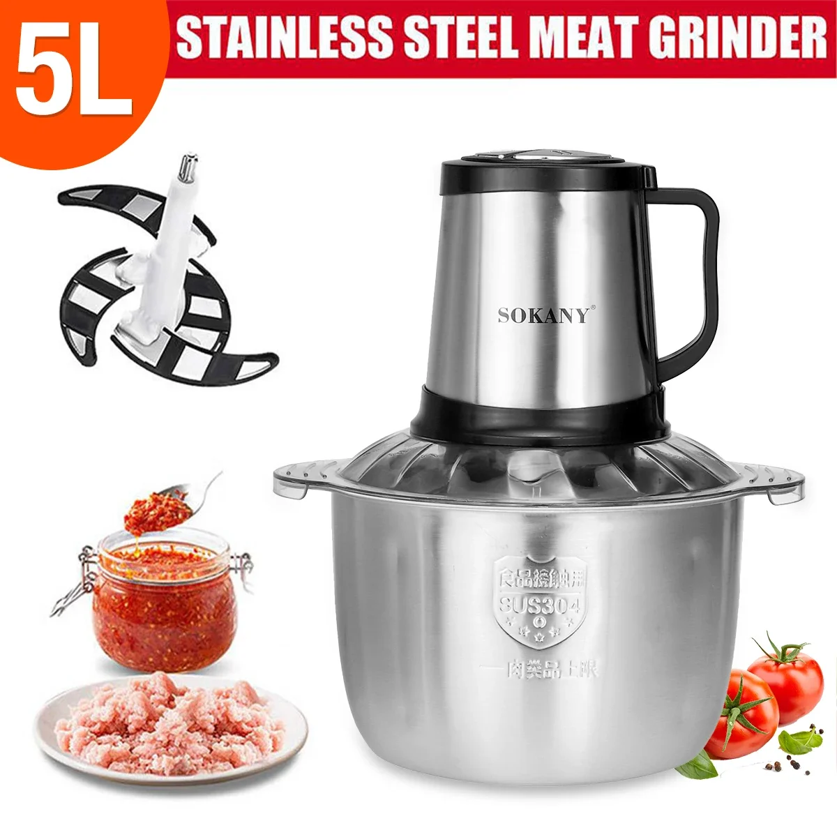 3Speed 5L Electric Meat Mixer blender Grinder 800W Stainless Steel Electric Chopper Automatic Mincing Machine Quiet Food blender