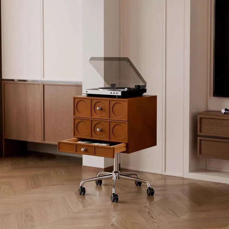 Medieval solid wood small side cabinet retro bedside table living room simple with wheels can be moved