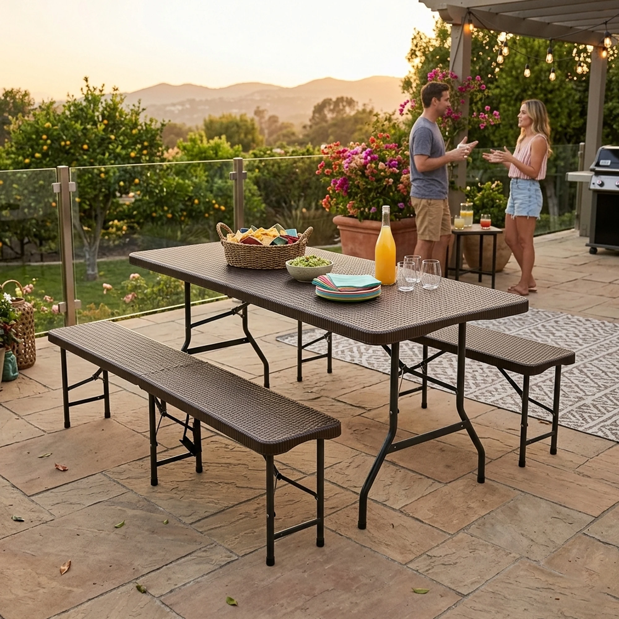 1,8 m Klappbarer Picknicktisch mit 2 Bänken, 3-teiliges Campingtisch-Set, braune Holzmaserung, HDPE-Oberfläche, wasserdicht, UV-beständig, mit Sicherheitsverriegelung für Terrasse und Garten