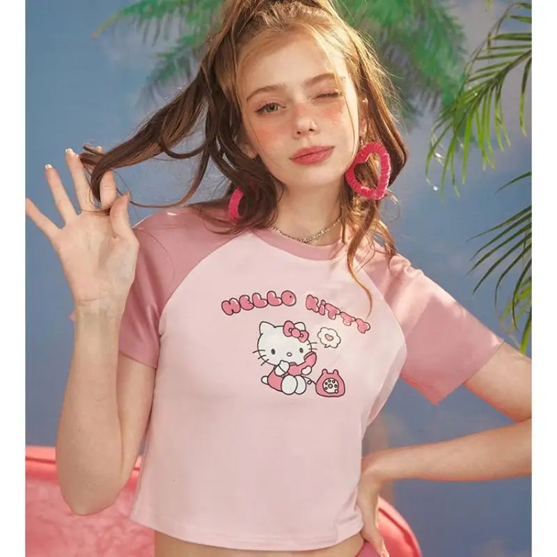 Anime Sanrioed Hello Kitty Cotton Short Sleeve Cartoon Summer Round Neck Crop Tops Sweet Cute Prints T-Shirt Student Girl Trend