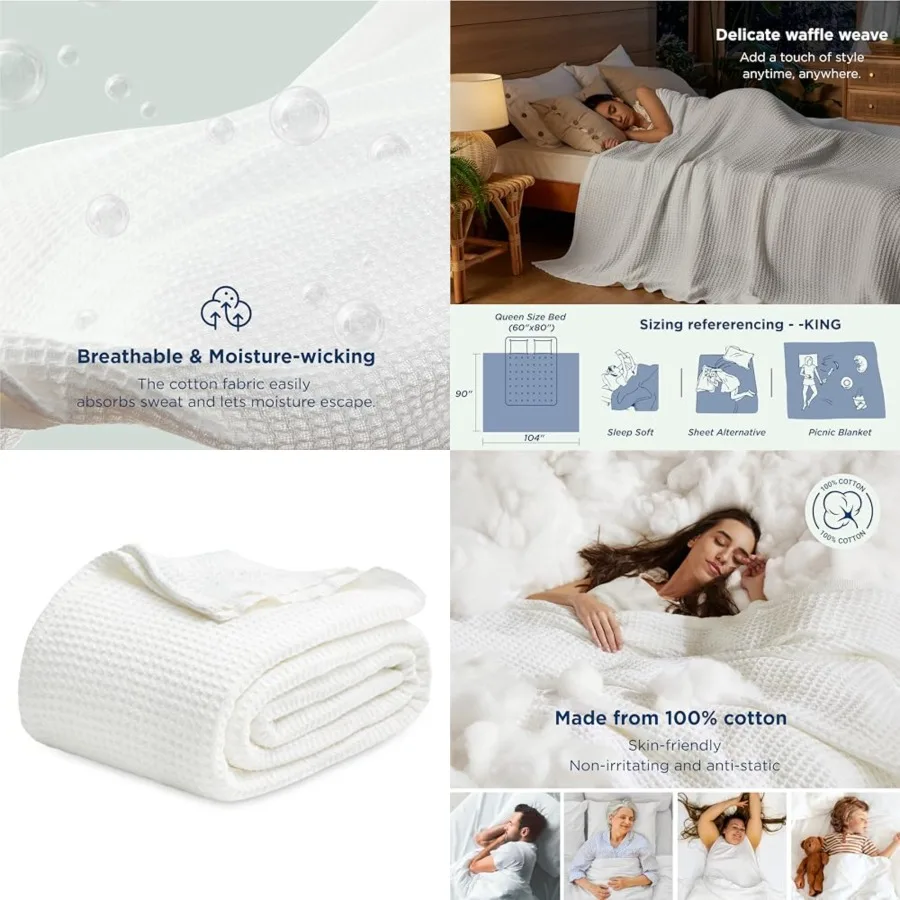 

Gentlesoft 100 Cotton Blanket King Size for Bed - Cooling Breathable and Soft for Summer, Thick Cozy Waffle Weave Blanket Gifts