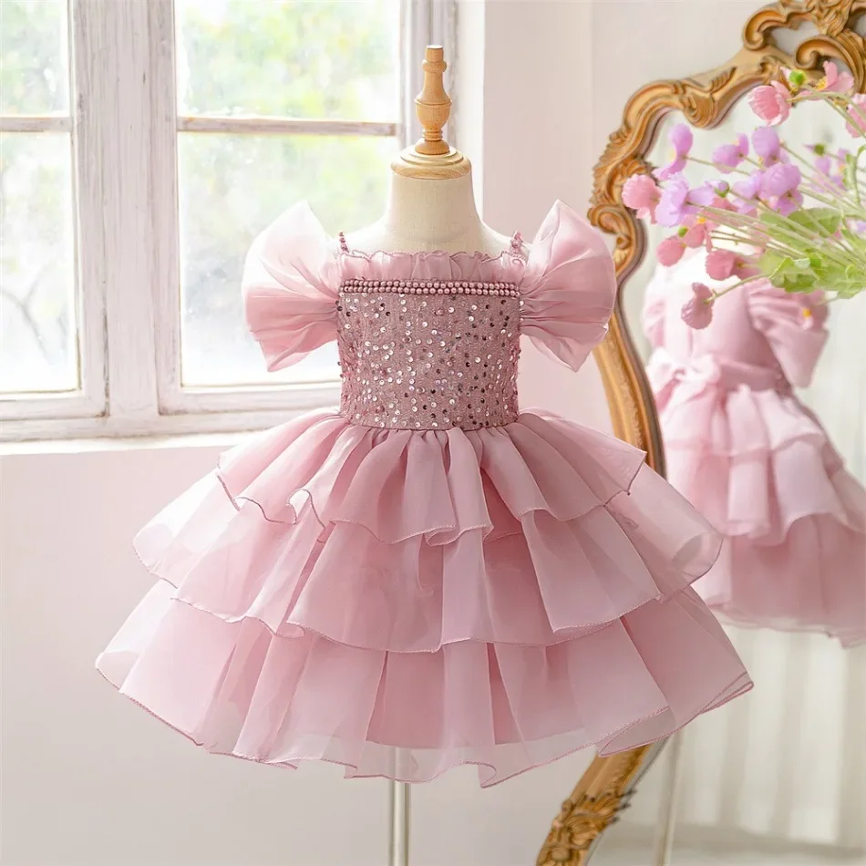 Kids Pink Sparkly Bodice Girls Dress Off Shoulder Flutter Sleeve Multi-Layer Tulle Tutu Dress Birthday Wedding Formal Gown ASQ03