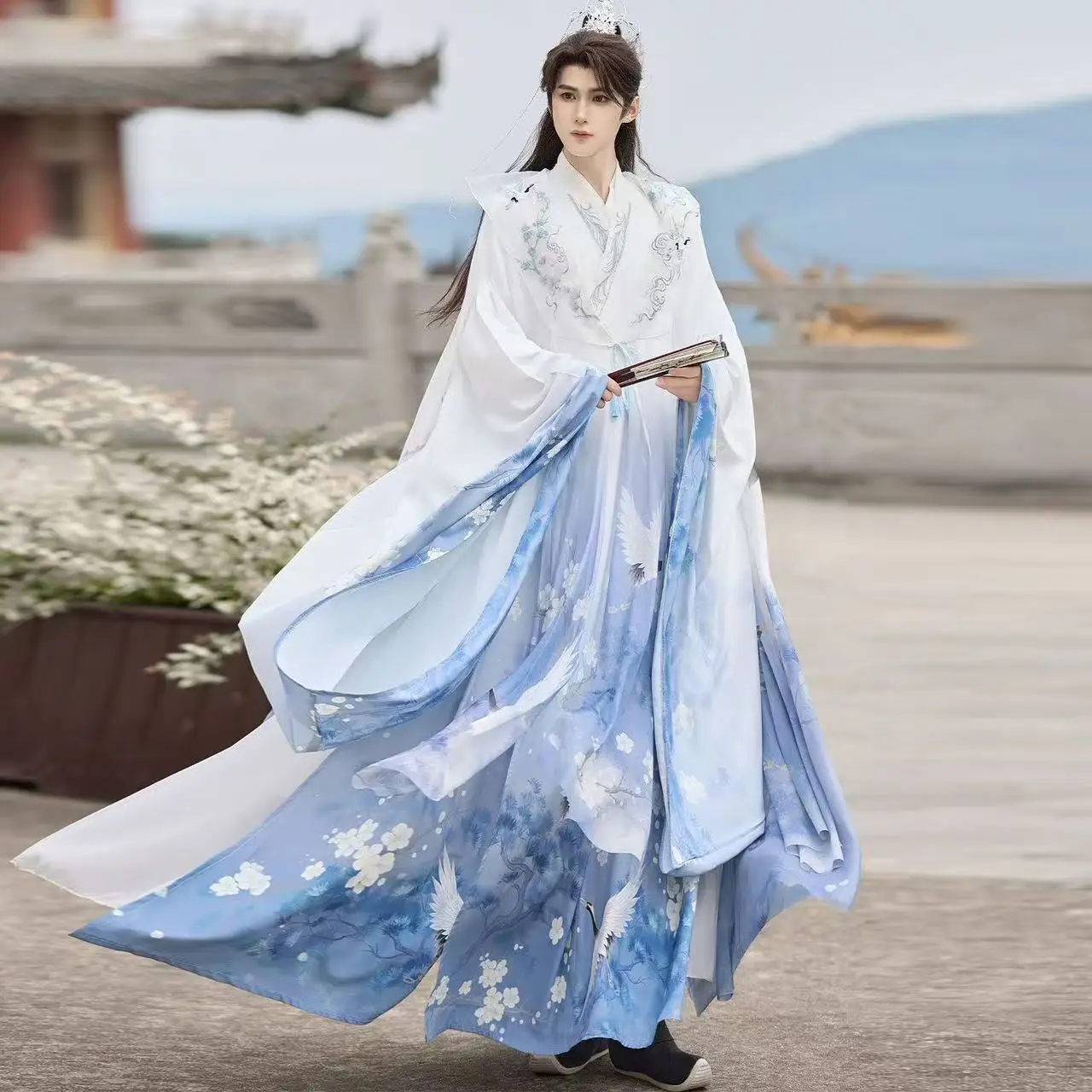 

Classic Traditional Printing Hanfu Men Women Traditional Cross Collar Large Sleeve Shirt Halloween Martial Fairy Cosplay Robe