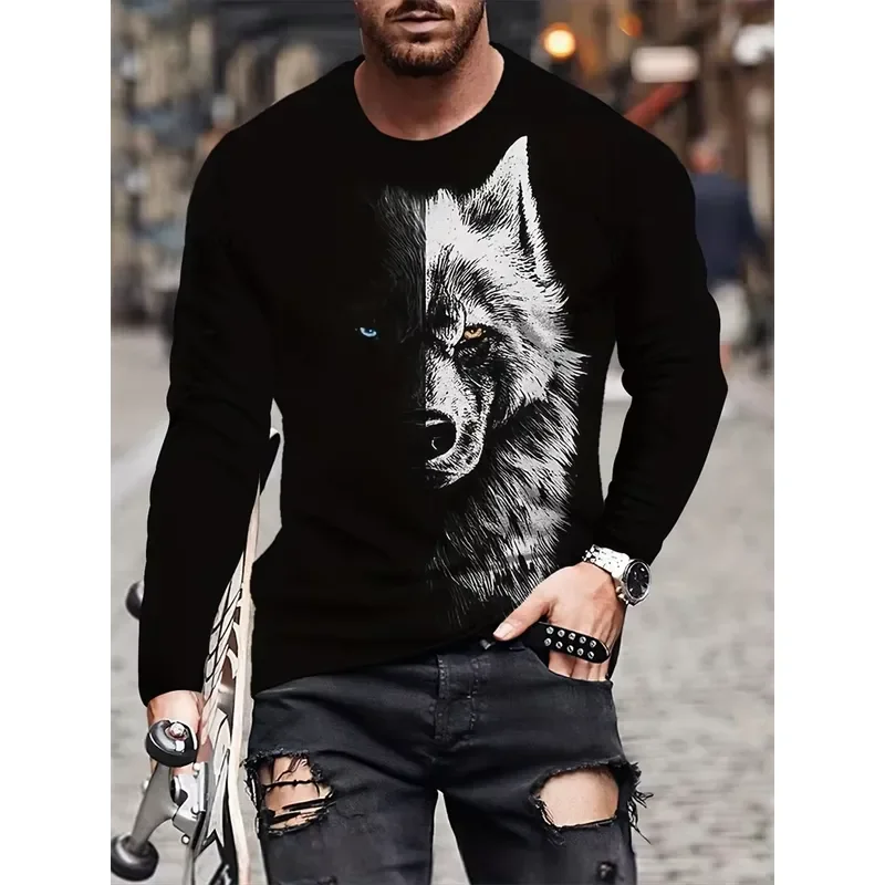 3D Long Sleeve 2026 New Wolf Print Men T Shirt Spring Autumn Casual Streetwear Fashion Tops Male Daily Wear Tee 2026