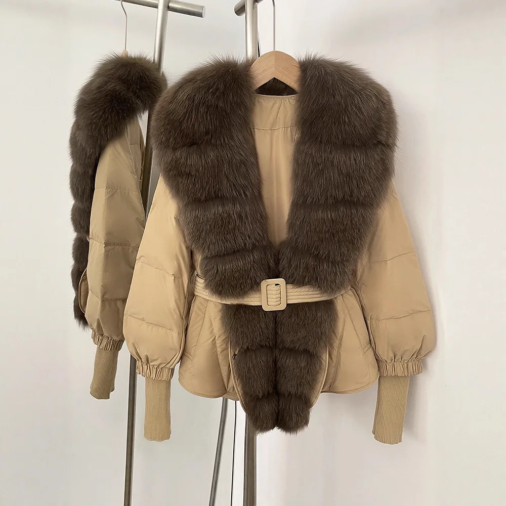 เสื้อโค้ทขนเป็ดคอปกขนจิ้งจอกแท้ ดีไซน์หรูหรา ทรงหลวม สไตล์ลำลอง อเนกประสงค์ หนา อุ่น สำหรับผู้หญิง ฤดูหนาว
