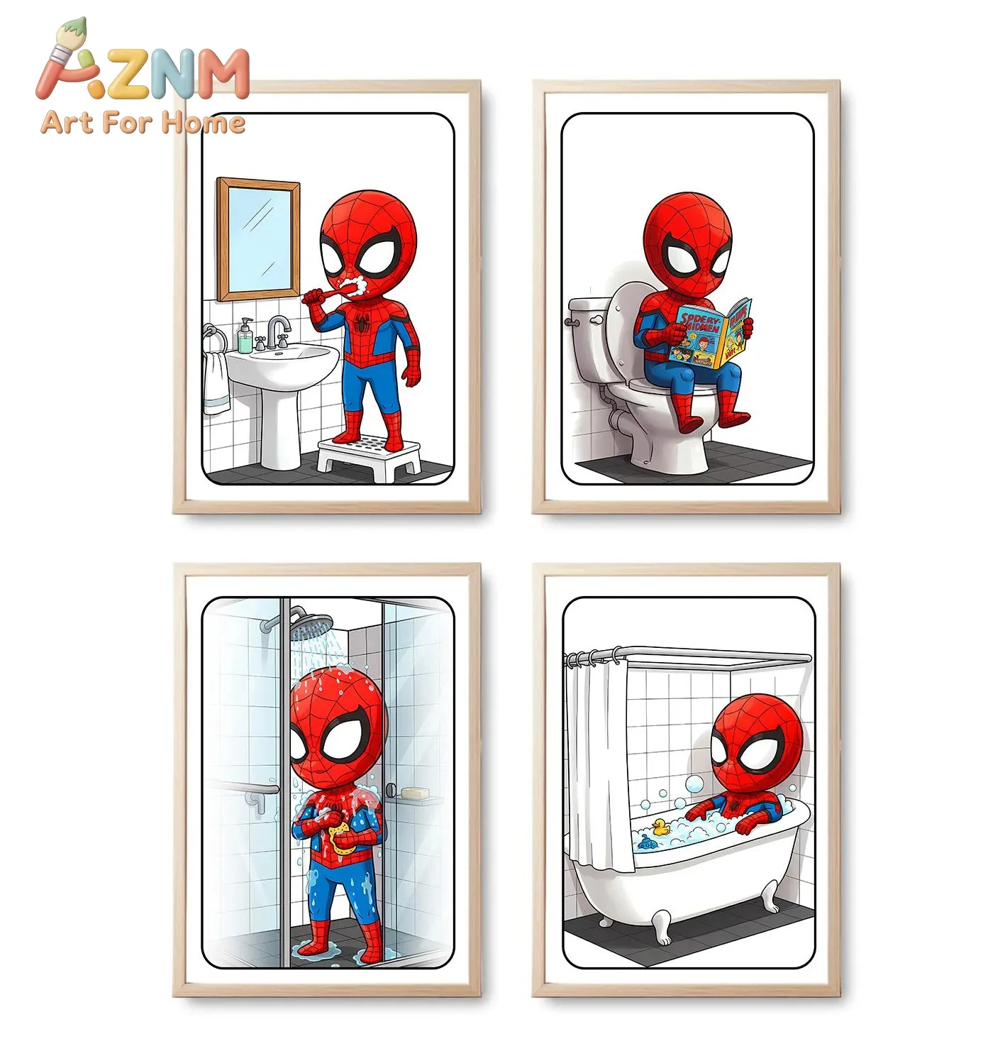 Superhero Kids Bathroom Sign Set _ Funny Restroom Art _ Set of 4 _ Spiderman