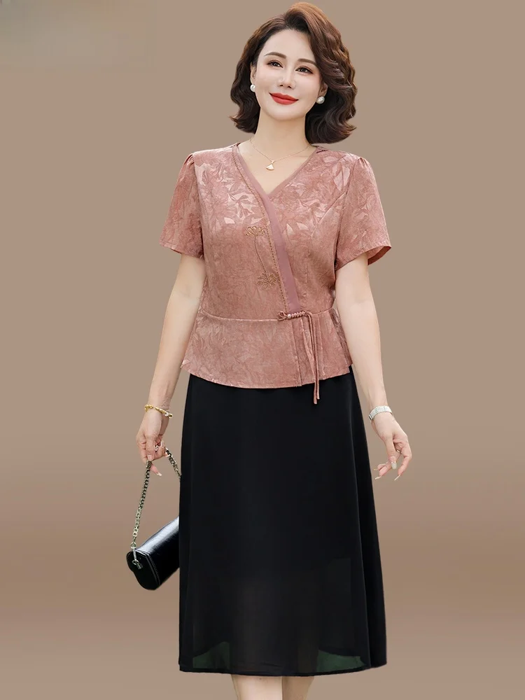 

Summer Faion Midi Dr for orter Mothers Middle-Aged Women National Sle Ele Two-Piece Polyester Fiber V-Ne Dr