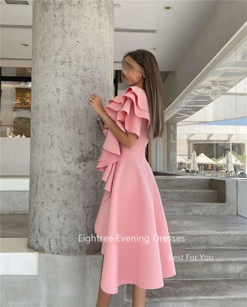 Eightree Vintage Pink Party Dresses Long Sleeves Modest Ruffles Knee Length O-Neck Matte Satin Evening Prom Formal Gowns Event