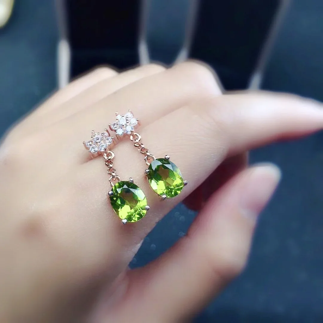 

100%Natural Perdiot Earrings 7mm*9mm Simple Peridot Silver Drop Earrings Solid 925 Silver Peridot Jewelry Gift for Woman