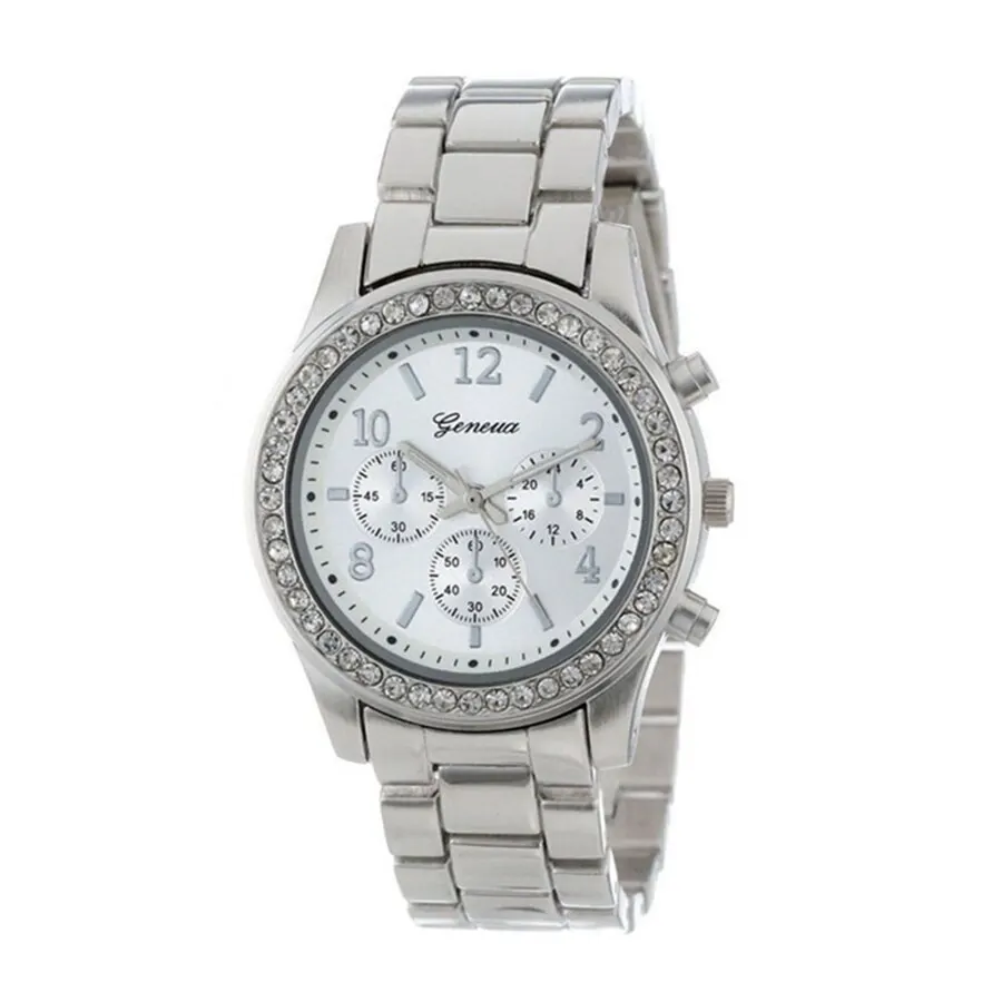 2024 1pc Luxury Quartz Watch Women Business Fashion Casual Round Rhinestone Rhinestone Silver Stainless Steel Strap Watch