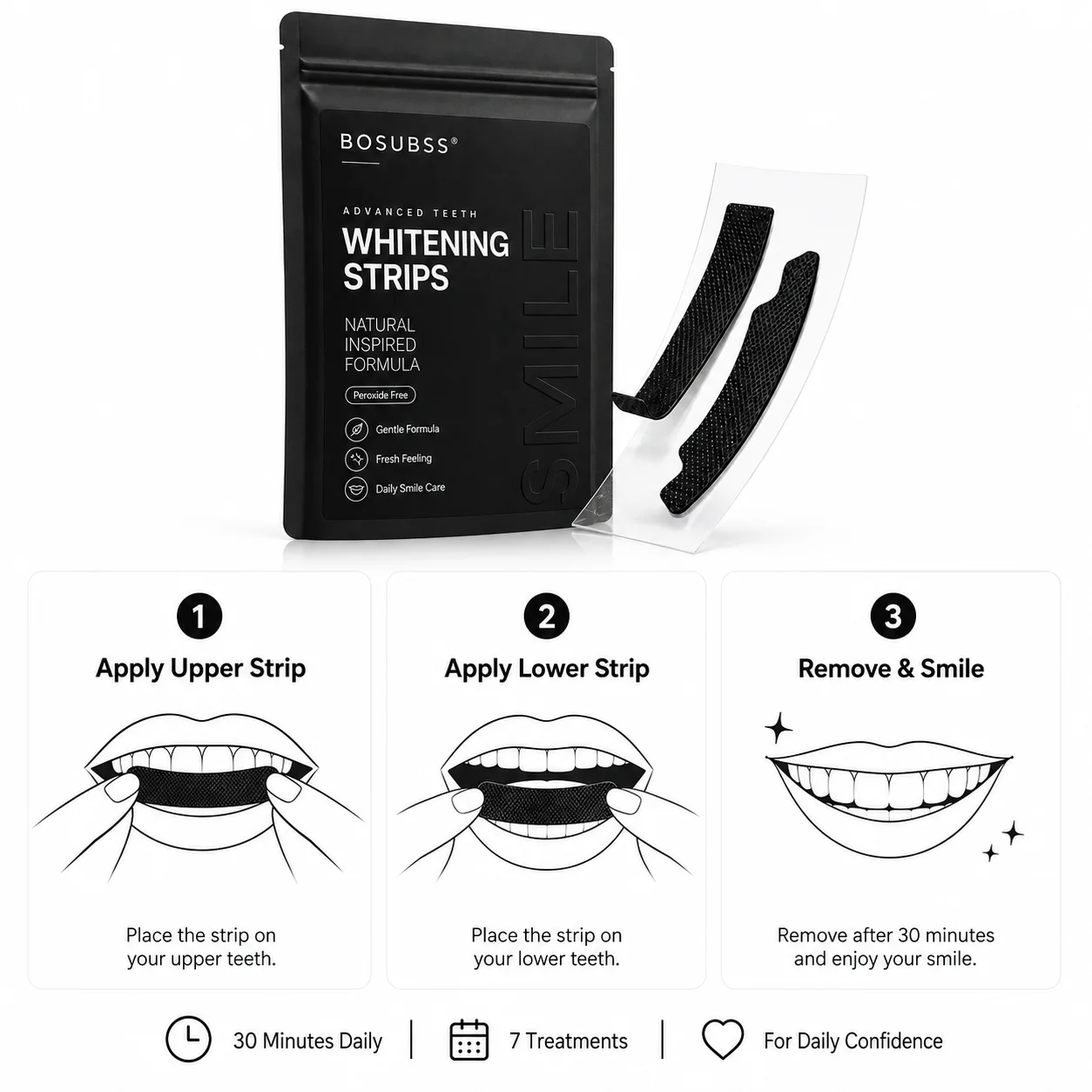 1Pair Black Smile Care Strips, Upper and Lower Oral Beauty Strips with Flexible Fit, Easy-Peel Design for At-Home Smile Routi