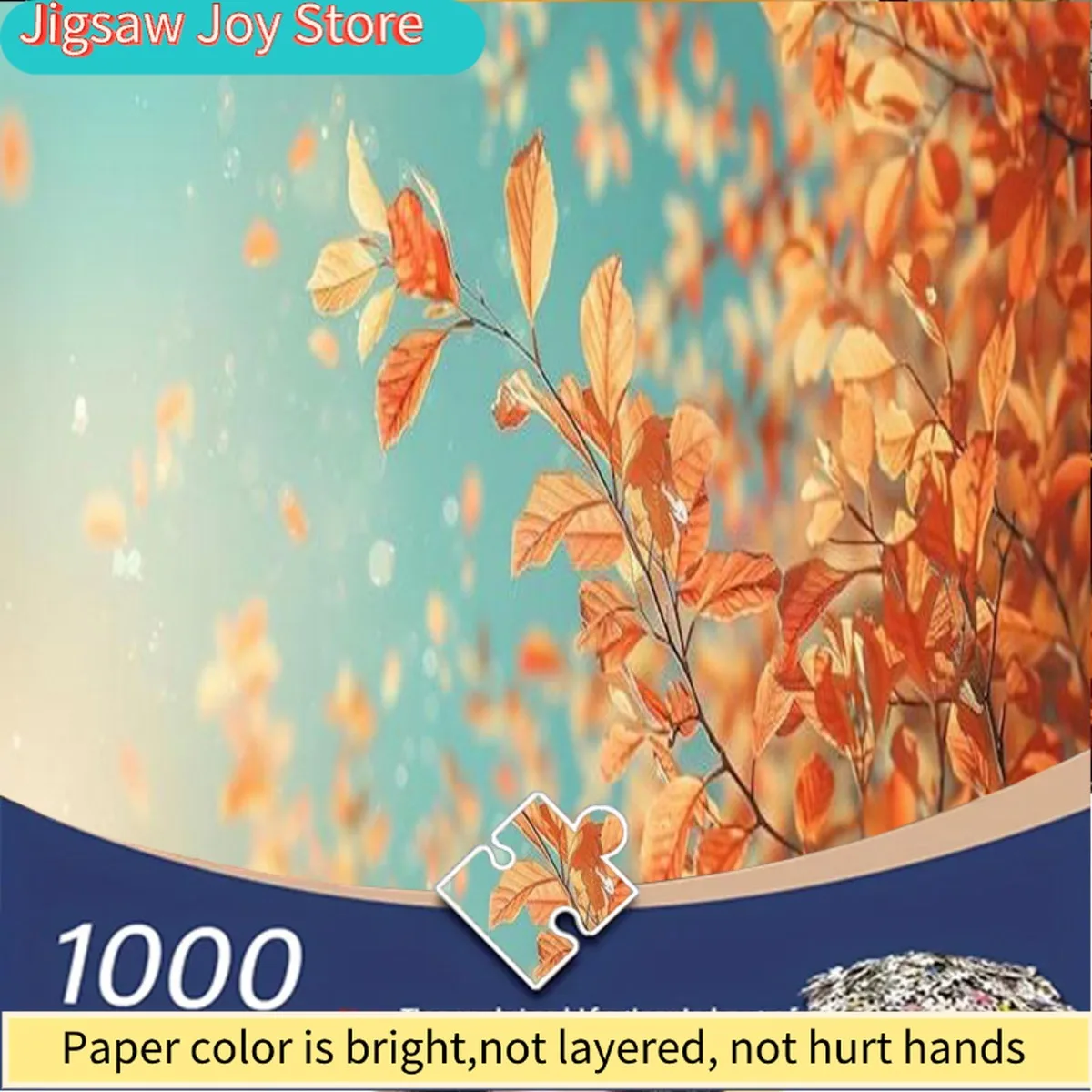 

Пазл из 1000 деталей для взрослых с изображением ярких оранжевых осенних листьев на сине-зеленом фоне, освещенных солнцем