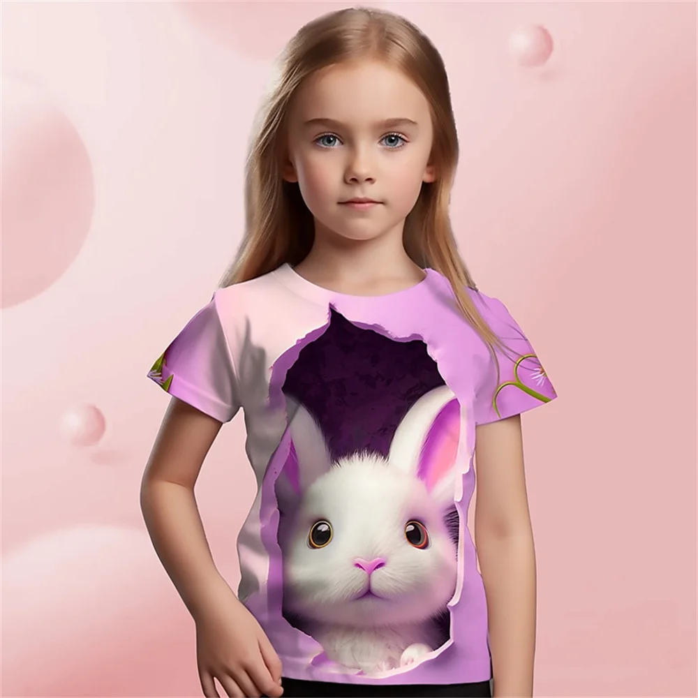 2025 camiseta con estampado 3d de conejo Animal para niñas, camisetas bonitas para niñas, camiseta de regalo para niños, camiseta informal de manga corta, ropa para niños