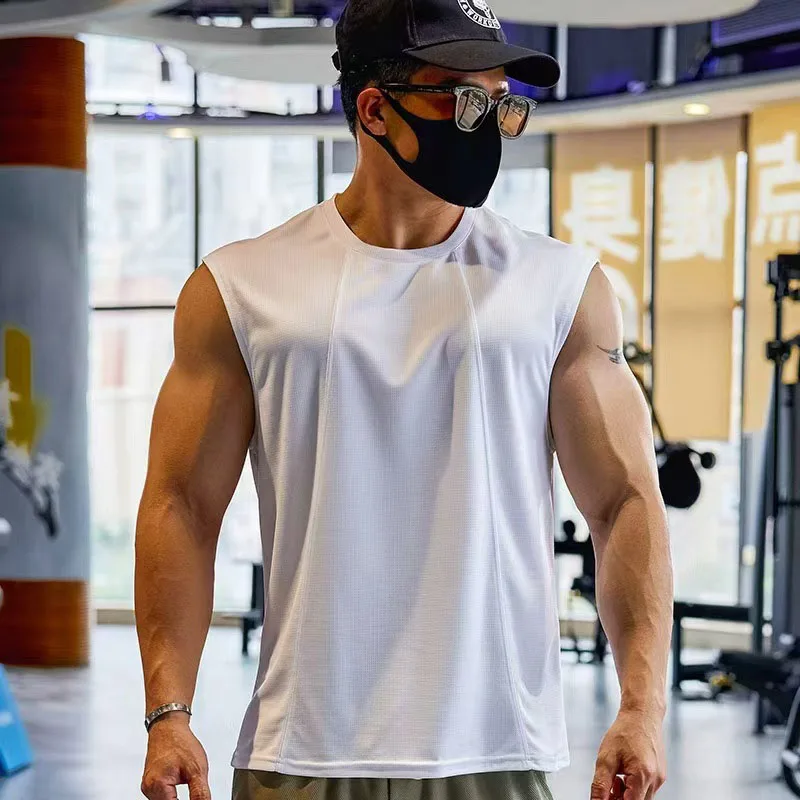 New American Style Quick Dry Sports Wide Shoulder Sweat Vest Men Summer Basketball Running Fitness Training round Neck Tank top