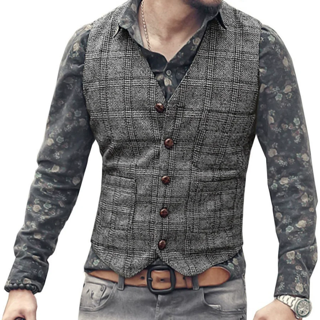 

Men Vest Gray Single Button Grid Vintage Regular Slim Waistcoat For Wedding Banquet Work Business Casual Men Suit Vest