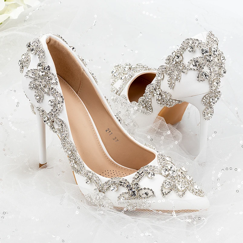 White Crystal High Heels Wedding Thin Heels Diamond Glittering Evening Dress Shoe Bride Shoes Crystal Pumps For Party Customize