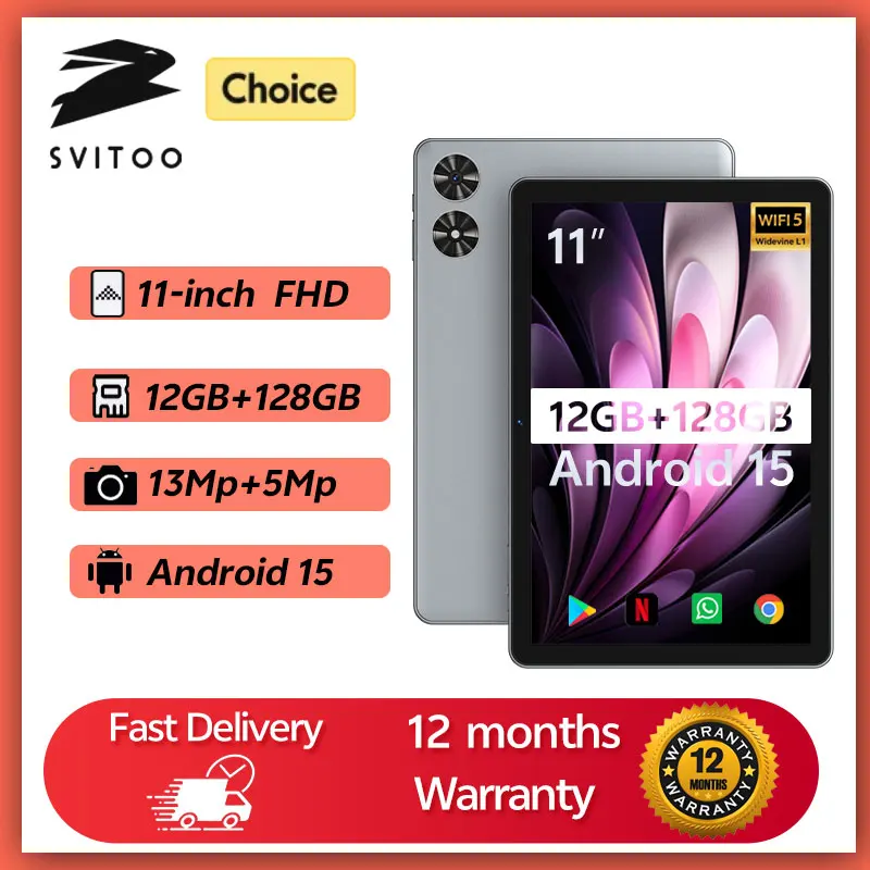 

SVITOO 11-inch 2025 Tablet Android 15 12GB RAM 128GB ROM Octa-Core T606 8000mAh Battery Type-C for Gaming Android Tablets