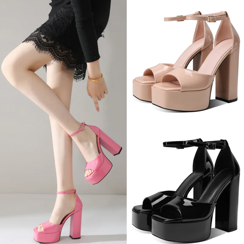 

Super Heeled Thick Primed Patent Leather Open Toe Sandals Chunky Heel Fashion Catwalk High Heels Banquet Party Wedding Shoes