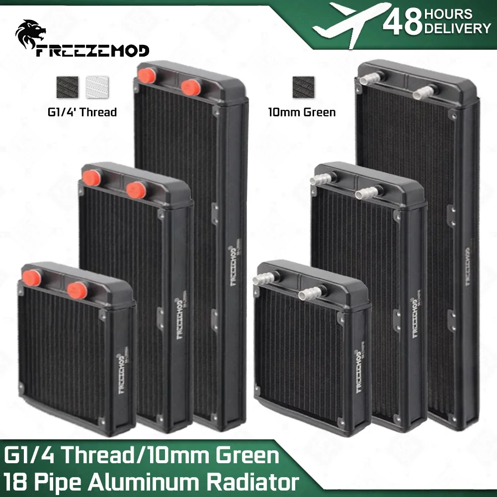 FREEZEMOD Grzejnik aluminiowy G1/4 Gwint/10 mm Zielone złącze 18 kanałów do montażu wentylatora 12 cm PC MOD Chłodzenie wodne 120/240/360