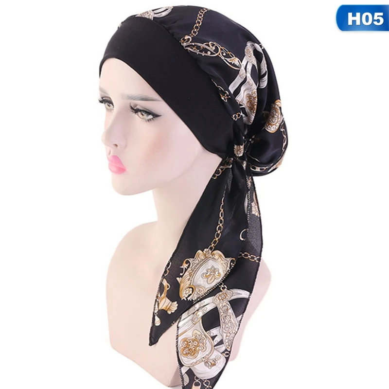 Women Chiffon Muslim Hijab Caps Flower Print Turban Islamic Ladies Head Scarf Wrap Soft Silk Turban Cap Indian Hair Bands Girls