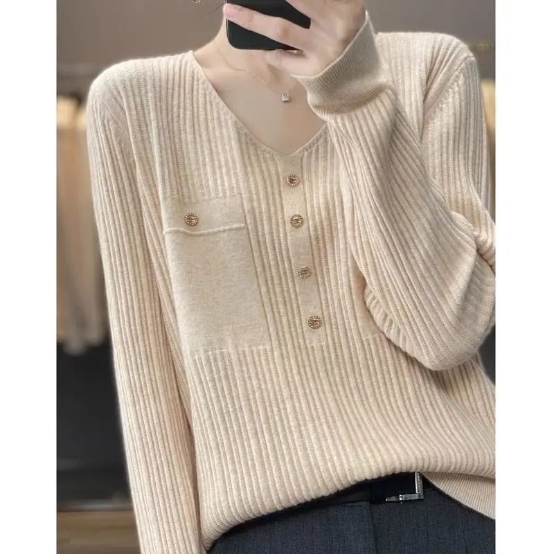 

Women's Clothing Vintage Fashion Solid Knit Pullovers Spring Autumn Casual Loose V-neck Mock Pocket Sweaters Lady All-match Tops