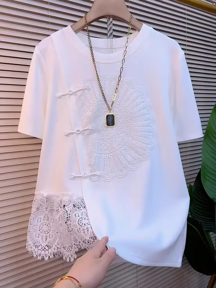 Woman Lace Patchwork T-shirt 2025 New Summer Elegant Chinese Style Knot Button Short Sleeve Top Ladies Elegant White Base Shirts