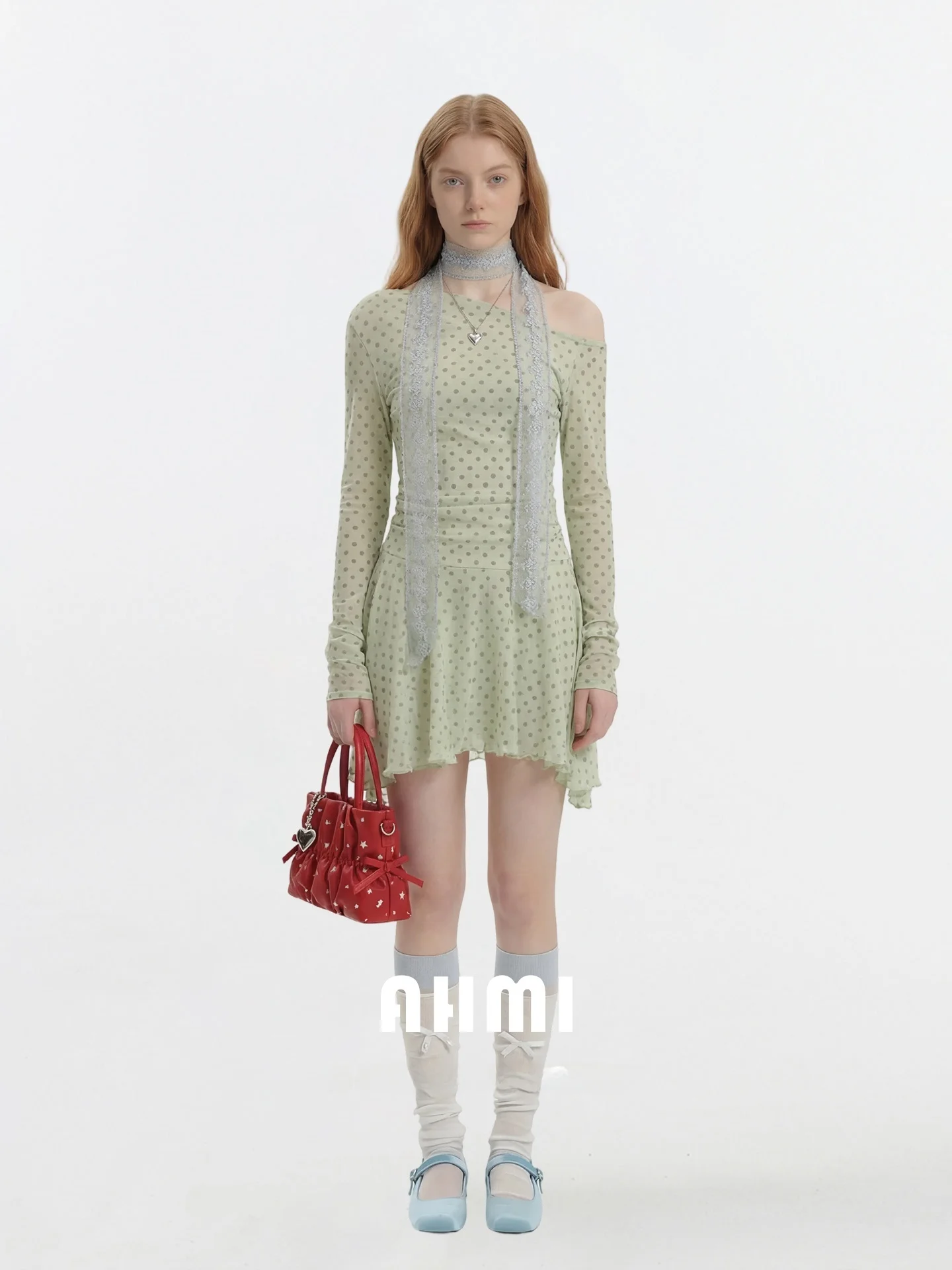 

AHMI Mint Wave Design Long Sleeve Women's Dress Spring Summer New Style Green Polka Dot A-Line Skirt High Waist Soft Fabric
