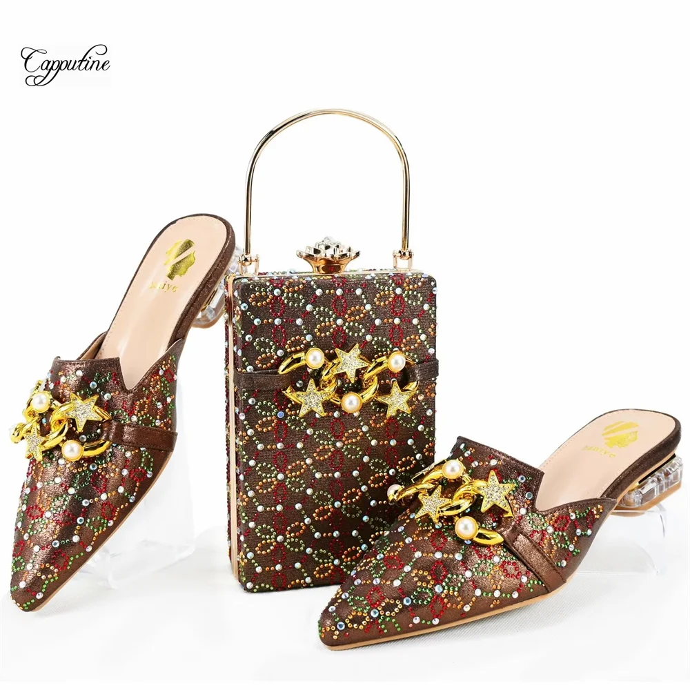 Coffee Women Shoes And Bag Set Fashion African Ladies Medium Heels Slippers Match With Handbag Clutch Pantofole Donna GL50