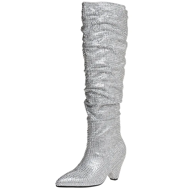 

Женские пикантные сапоги выше колена со стразами, с напуском, с острым носком, на танкетке, сверкающая вечерняя обувь большого размера