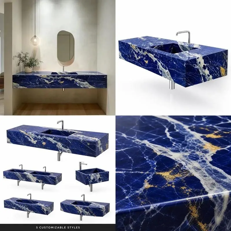 Kyanite Blue Marble Wall Mounted Washstand Natural Polished White Stone Basin for Bathroom Hotel Villa Customizable Size