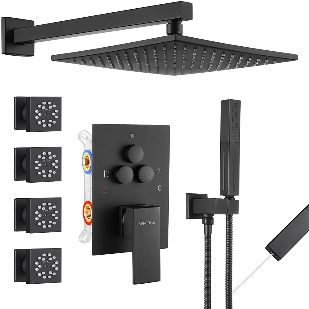 Modern 12 Inch Ceiling Rain Shower System Flush-Mounted shower concealed mixer  system faucet sets With body jets black