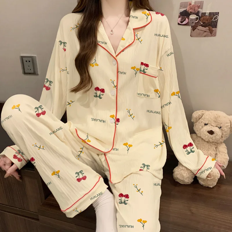 2-teiliges Set Damen Frühling Gestreifter Schleifen-Pyjama, Langarmhose aus Knitterstoff, Süße Loungewear, Lässiger Mädchen-Pyjama