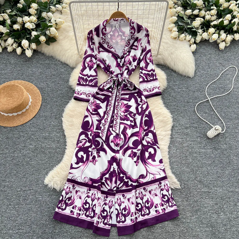 ฤดูร้อนฤดูใบไม้ร่วงใหม่Palaceสไตล์Goldenพิมพ์ดอกไม้Midiชุดเสื้อผู้หญิงครึ่งแขนเดี่ยวBreastedยาวVestidos 2025