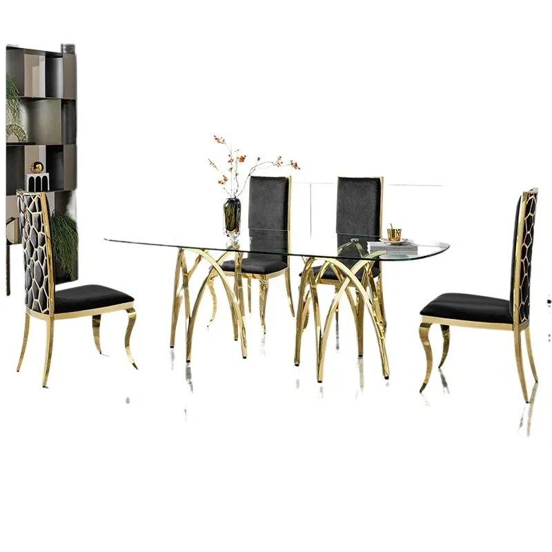 High-end wedding glass dining table banquet dining table rectangular household high-end dining table stainless