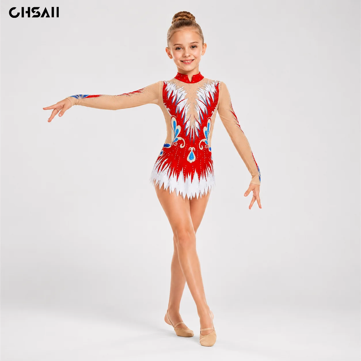 Maillot de Gimnasia Rítmica Rojo y Blanco para Niñas, Manga Larga, con Pedrería, Malla Transparente y Falda de Plumas, Vestido de Baile, Traje de Competición Infantil