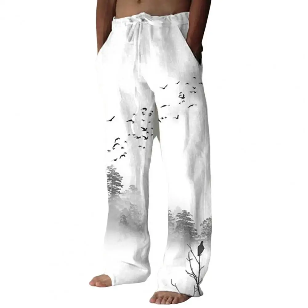 Vintage Men Beach Pants Solid Color Flying Birds Print Summer Lace-up Elastic Waist Wide Leg Pants Casual Male Streetwear