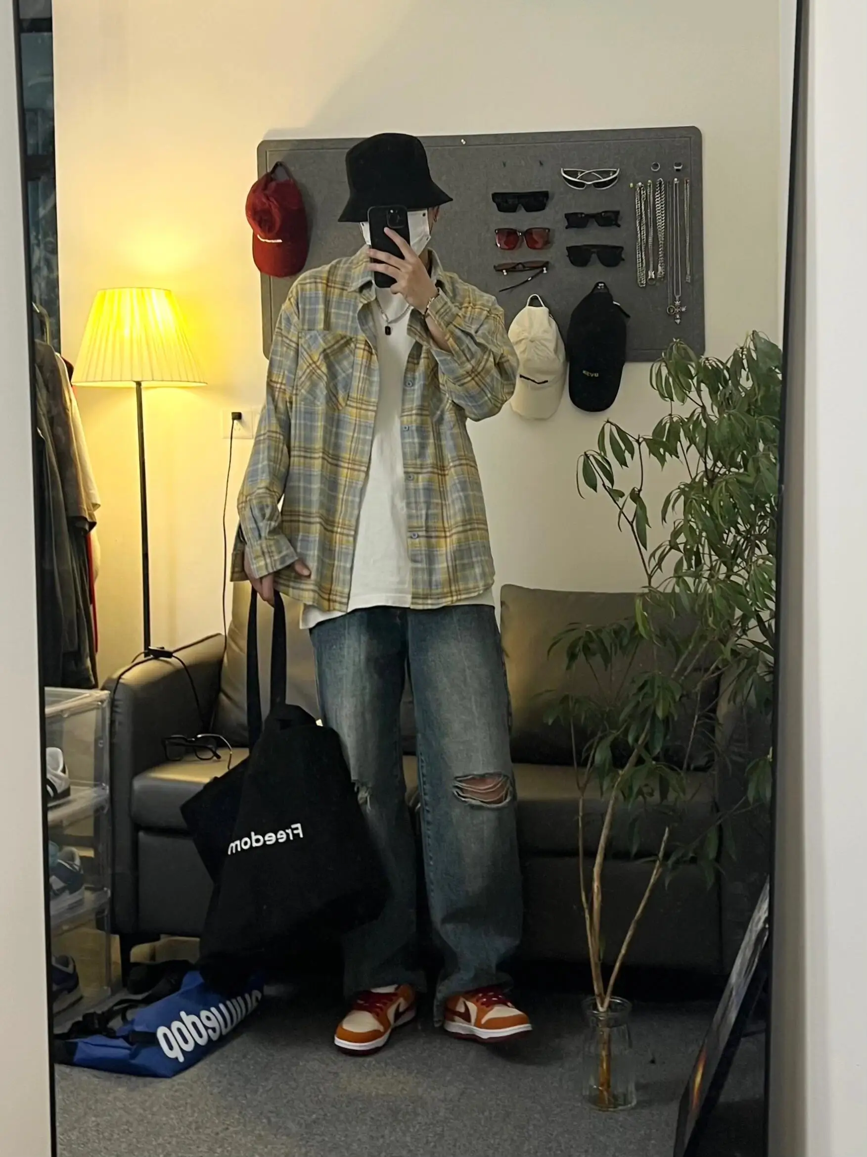 

Loose Fit Plaid Long Sve Casual irt for Men Yellow And Blue Contrast Early Autumn Youth Student Turn-down Collar Top