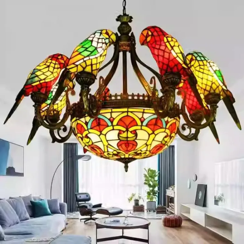 

Stained glass high-end luxury French retro parrot chandelier European bar living room dining room light