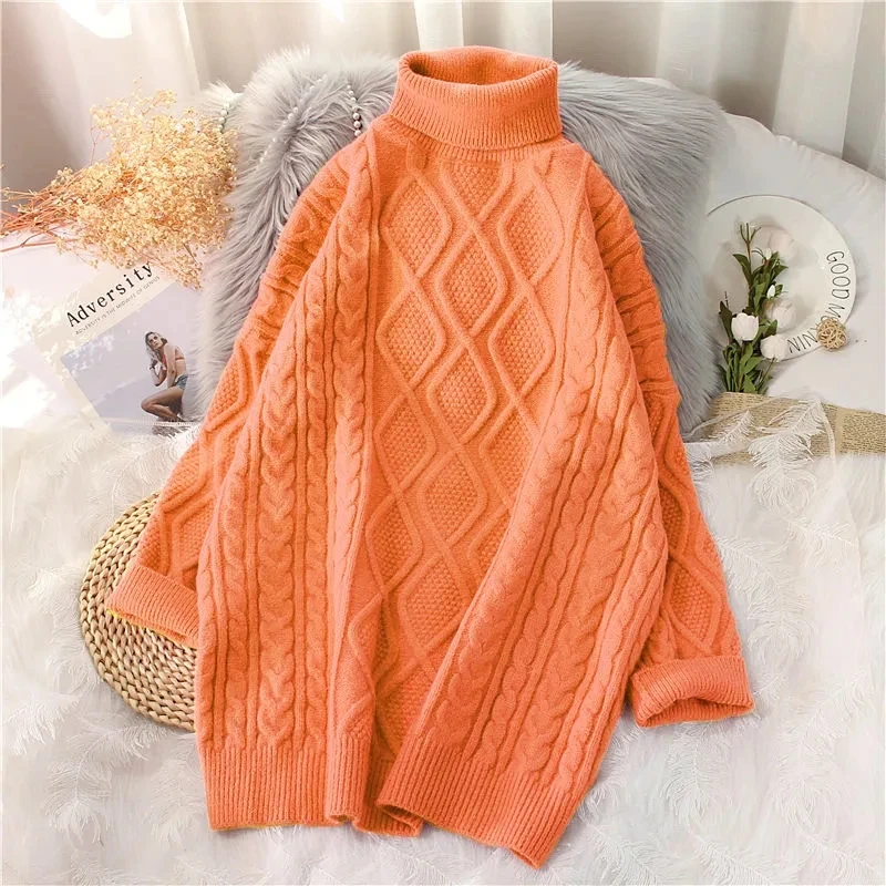 Women's Turtleneck Twist Mid-length Sweater Fall Winter New Korean Casual Thick Oversize Pullover Loose Basic Crochet Sueter