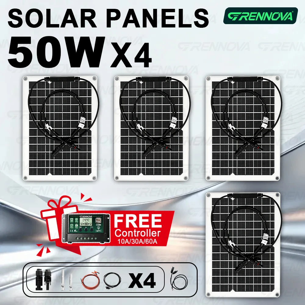 Outdoor Off Grid Solar Panel Kit 50W（ 1-4PCS Free 60A Controller ）User Friendly for Garden Use RV Car Camping Battery Charging