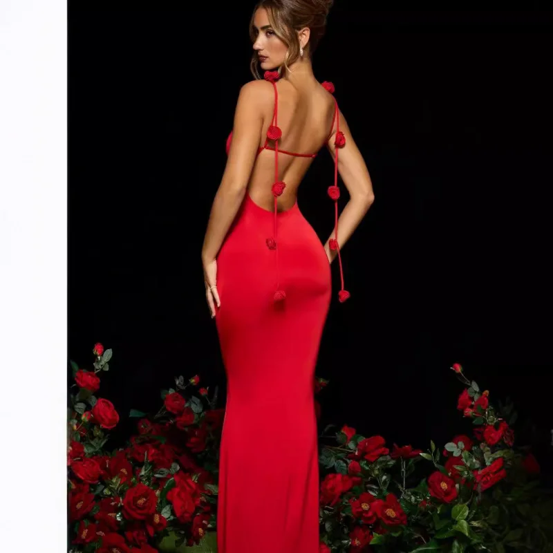

JFL 231037 New European and American Style Women's Evening Dress with 3D Flower Decorated Straps
