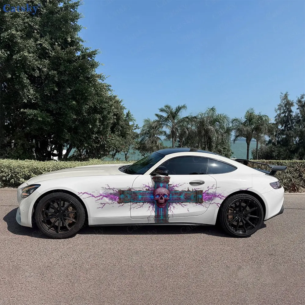 2pcs Purple Lightning Skull Car Side Wraps, Self-Adhesive PVC Waterproof & Scratch-Resistant Stickers, Car Accessory Gift