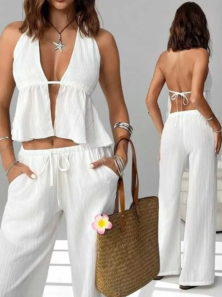 Ensemble deux pièces sexy pour femme : débardeur dos nu à lacets et pantalon long, couleur unie, collection été 2026