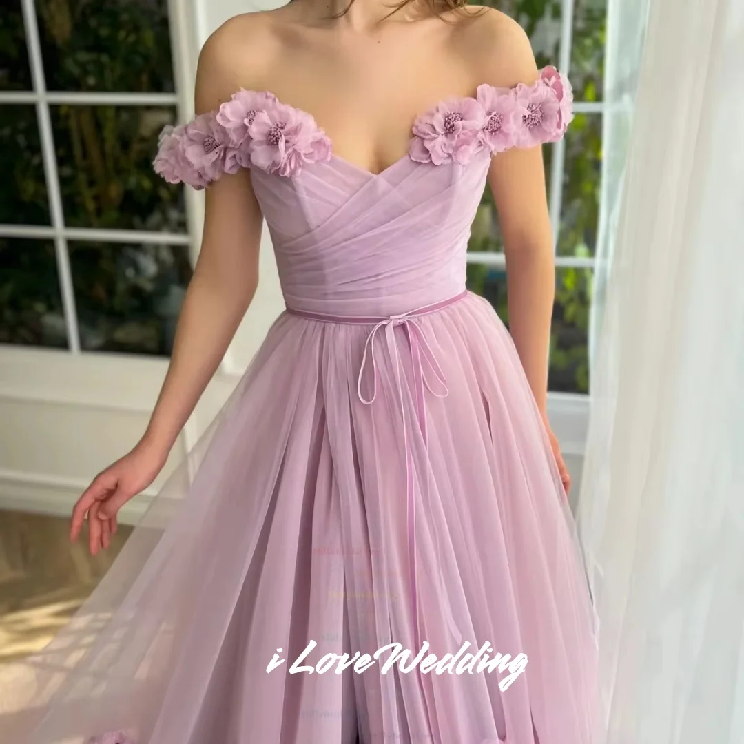 Purple V-Neck Prom Dresses 2025 Tulle Off Shoulder 3D Flowers A-line Side Split Pleated Floor-Length Evening Dresses Customized