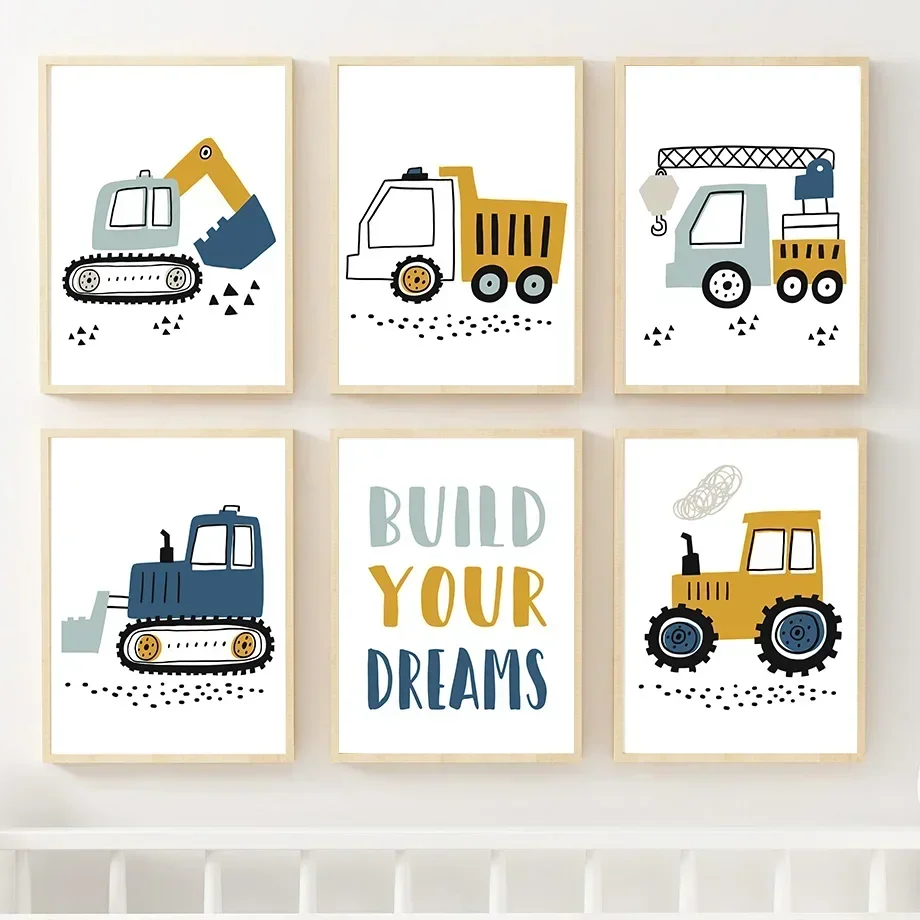 Quotes Wall Art Canvas Painting Nordic Crane Excavator Tractor Cartoon and Prints  for Baby Kids Room Decor