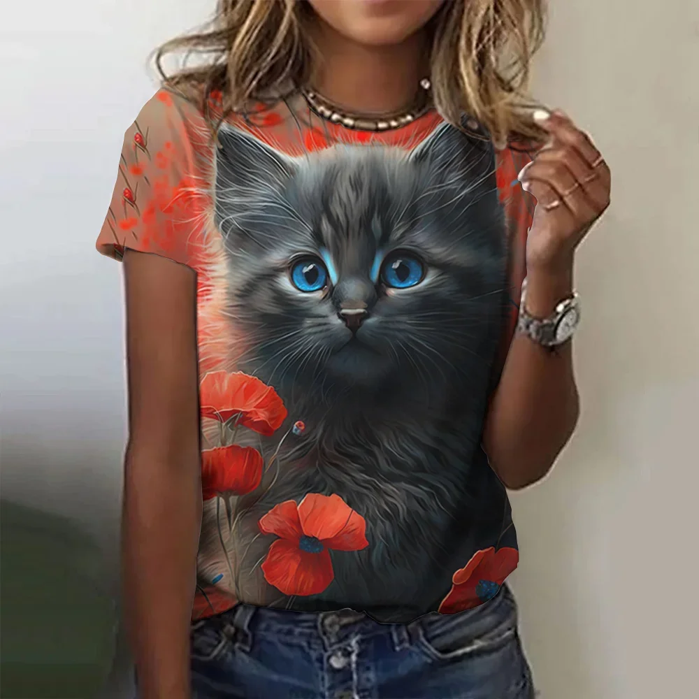 Camiseta con estampado 3D para mujer, top de manga corta a la moda, Camiseta con estampado de gato Kawaii Y2k, ropa de gran tamaño para mujer