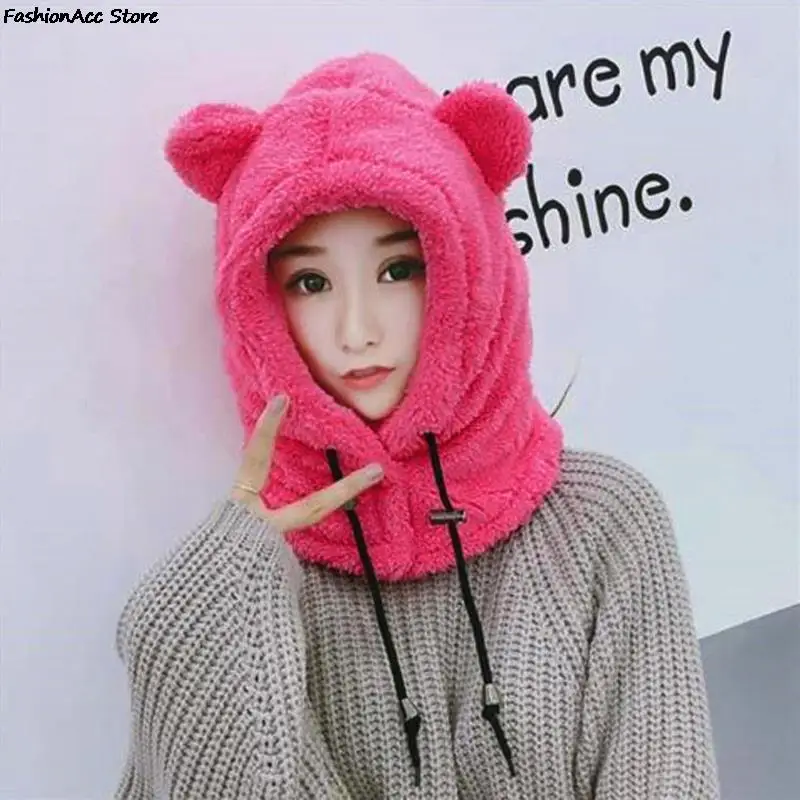 Cute Winter Earflaps Plush Bear Ears Hats adult Warm Mask for Outdoor Women Bonnet Hood