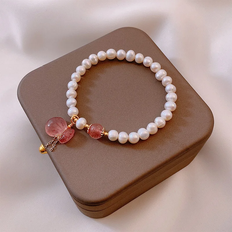 100% Natural Freshwater Pearl & Strawberry Quartz Trendy Wallet Design 14K Gold Filled Ladies Bracelet Jewelry Gifts No Fade