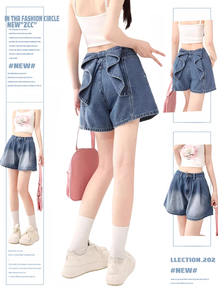 

Женские джинсовые шорты с завязками, свободные, широкие, с высокой талией, с эффектом выцветания, осенняя новинка, модные, маленькие размеры, повседневные брюки