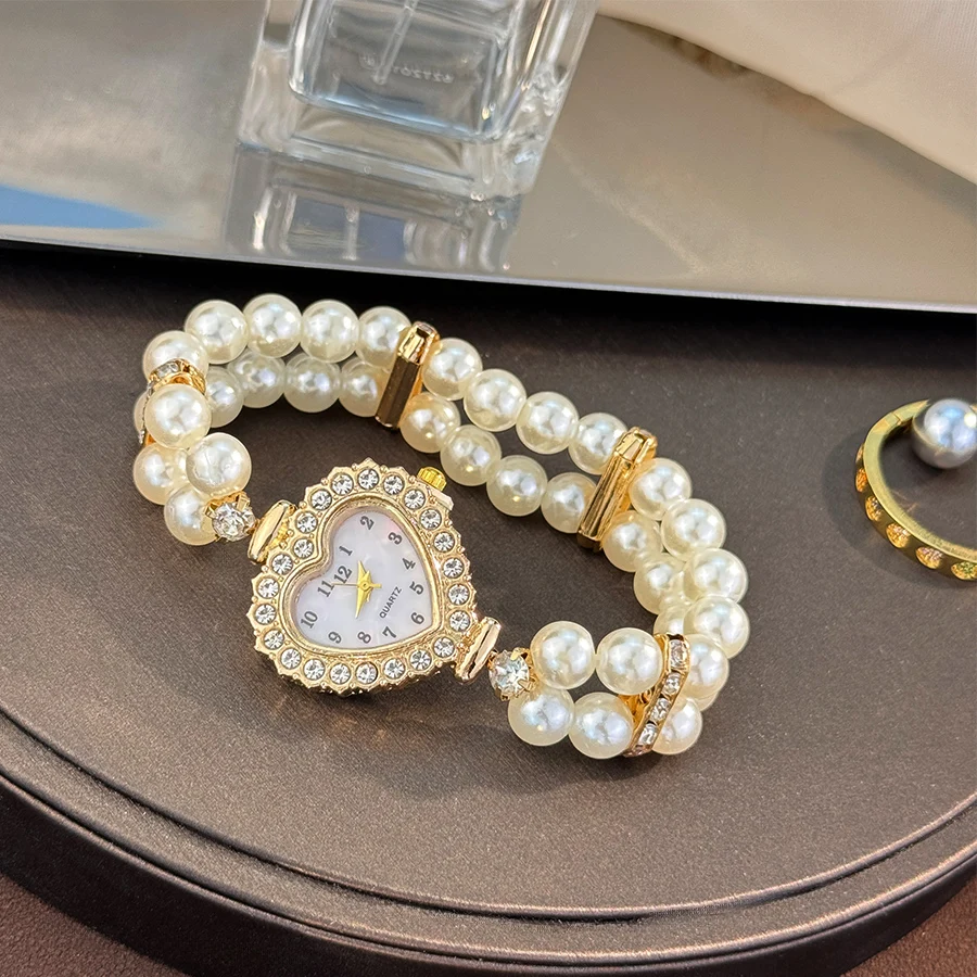 Ladies Dual-Tone Pearl Elastic Lazy Band Watch Heart-Embedded Diamond Case Arabic Numerals Dial Fashion Simple Quartz Movement